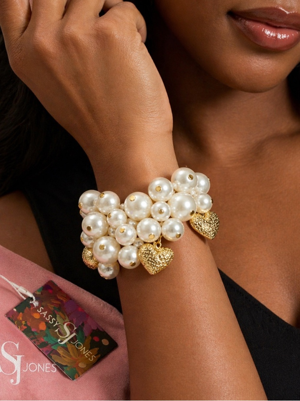 Sassy Jones Pearl Cluster Stretch Bracelet Ivory Gold Luxe Statement NWT